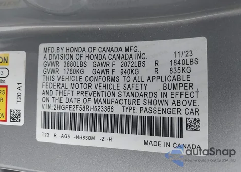 2024 Honda Civic Sport z USA, uszkodzony, nr VIN 2HGFE2F58RH523366